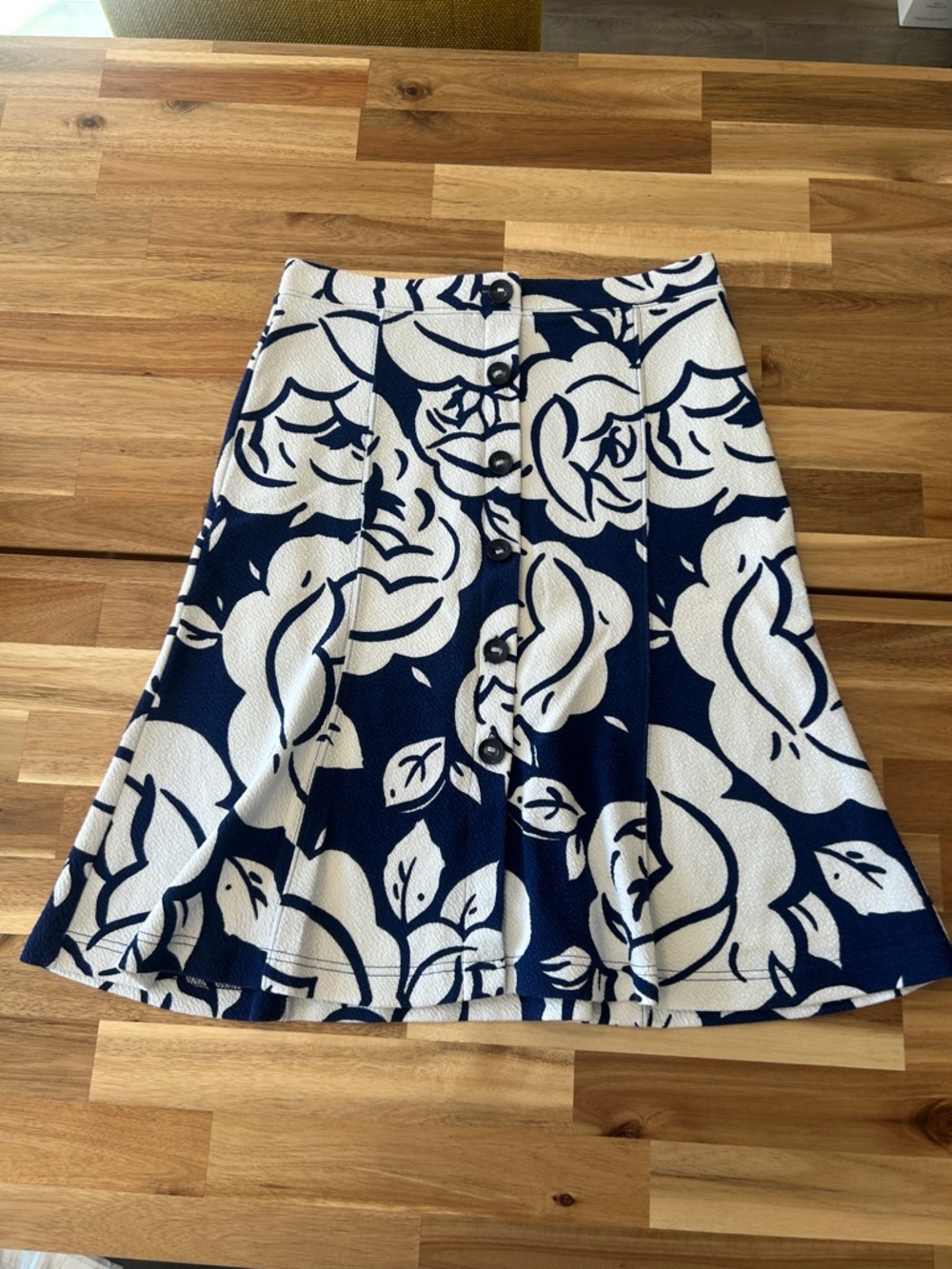 Anthropologie Navy and White Floral A-Line Button Skirt